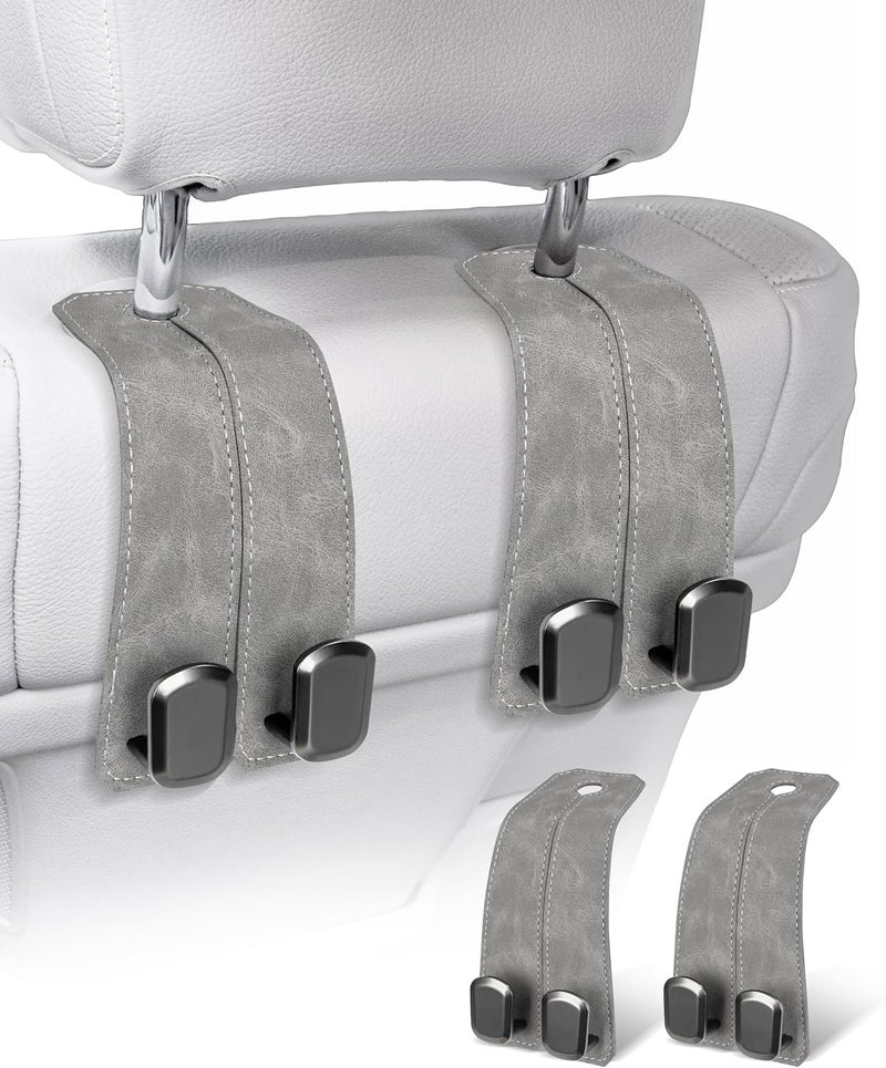 VETERBONE Car Purse Holder Hook, 2PCS Car Hooks for Headrest Luxurious Leather 100% Metal Car Hangers for Seat Multifunctional Car Bag Hook Car Seat Back Storage Hook Accessories (Grey) - Image 1